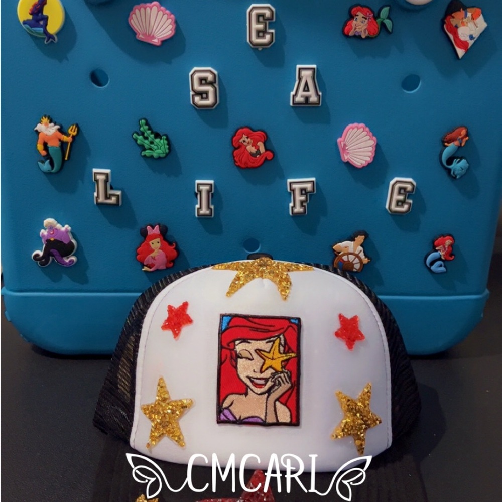 White and Black Cap with Gold and Red Accents Little Mermaid Handcrafted